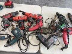 (2) Paslode Impulse Gas operated Finish Nail Guns, no batteries, have charger, gas cartridges; Dewalt Electric Impact; (4) cordless Drivers, no batteries, no chargers; (14) Electric 3/8” drills, unknown condition,