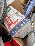 Pallet of First Aid Kits, Propane Cylinders, Boxes of Twine, Partial Roll of Small Rope, Box of Fire Extinguisher, Pump Up Sprayers, Galvanized Tum