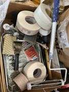 Several Bucket Stacker Organizers, Box of Sandpaper 9”x11” Sheets, Unused Paint Brushes, Drywall Tape, Used Paint Rollers, Rubber Mallet And More