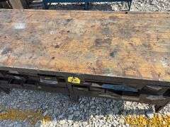 (2) Workbenches w/ 2x wood tops, measure 6’ long X 25 1/2” wide X 36” tall, sliding steel drawers, cabinet is made of steel,