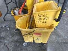 (3) Mop Buckets on wheels, (2) mops, Additional Mop Handle And Bucket