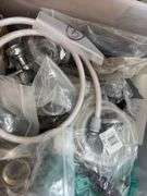 (4)Boxes of 3” Clevis Hangers approx 25 in a box, (2) Boxes of 1 1/2” Clevis Hangers approx 100 in a box, plastic tote of rubber witches hats pipe flashing for roof, plastic tote of a toilet tank,  slip joint connectors