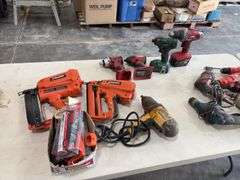 (2) Paslode Impulse Gas operated Finish Nail Guns, no batteries, have charger, gas cartridges; Dewalt Electric Impact; (4) cordless Drivers, no batteries, no chargers; (14) Electric 3/8” drills, unknown condition,
