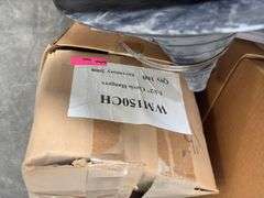 (4)Boxes of 3” Clevis Hangers approx 25 in a box, (2) Boxes of 1 1/2” Clevis Hangers approx 100 in a box, plastic tote of rubber witches hats pipe flashing for roof, plastic tote of a toilet tank,  slip joint connectors