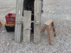 Truper Plastic Wheelbarrow like new; 30 gal trash can ; 3’ wooden step ladder; (2) bullfloats 4’ wide; (1) Bullfloat 3’ wide;