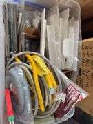 Pallet of various ABS Fittings, plastic tote of gas line, flexible stranded water supply line, Hilti Epoxy Caulk gun,