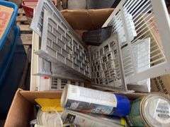 Pallet of Pipe hangers various sizes, Uline digital scale model H-1649, louvers and grills, spray paints, spray cleaners, extension cords and three ways, (9) paint roller pans, (4) Bailey Brown Lifestyle Stool-KD model DR-850c-BS016KD,