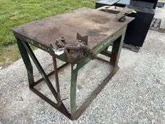 Steel Welding Table, 35” wide x 73” long x 341/2” tall, chain vise missing handle, heavy duty table,