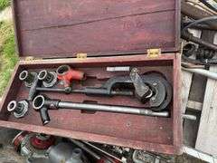 Pipe Vice, Pipe Cutter, Large Tap And Die Set, oxy/Acet Gauges, Aluminum Tread Plate Tool Box W/ Rigid Handheld Pipe Treader And More,