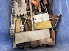 Tote of Concrete Trowels, drywall tools, tile trowels, mixer paddles, pick up magnet, whitewash brushes,