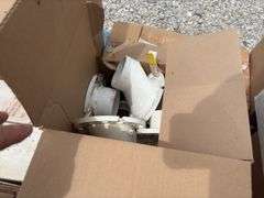 (13) boxes of reg stool flanges and offset stool flanges, box of various pipe clamps