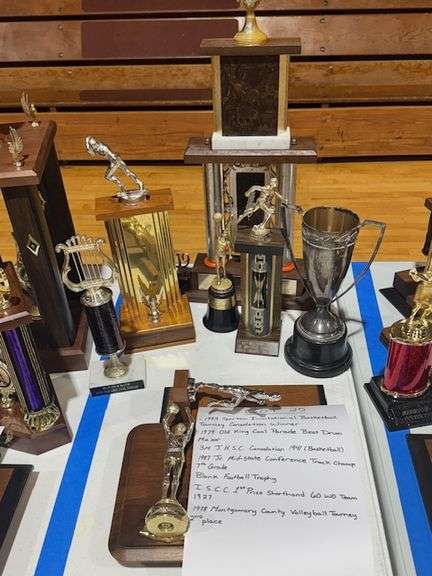 1993 Consolation Winner Spartan Invitational Basketball Tourney, 1979 Best Drum Major Old King Coal Parade, 1941 Consolation 3M JHSC Basketball, 1987 Champions 7th Grade Jr. Mid State Conference Track, No Date Football Trophy, 1927 1st Prize ISCC Shorthand 60 WD Team, 1978 2nd Place Montgomery County Volleyball Tournament