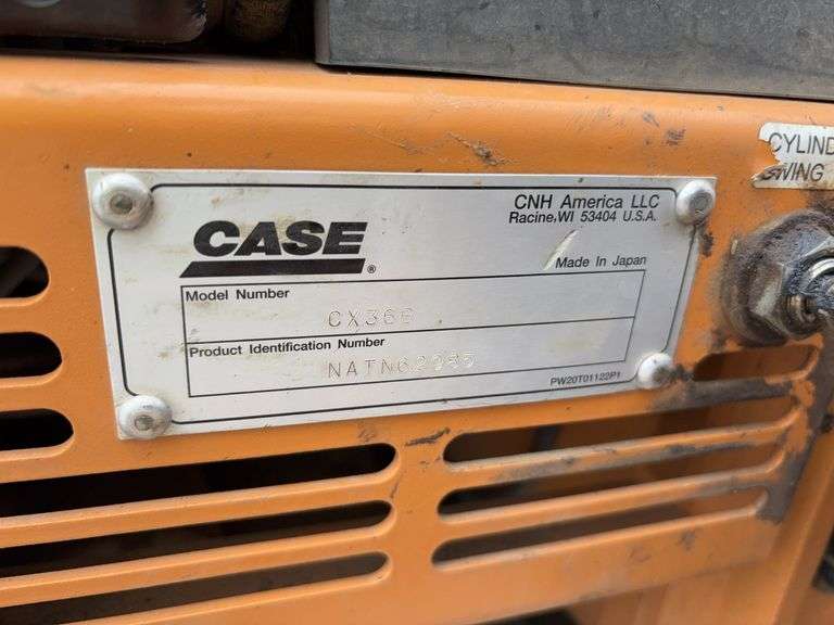 Case CX36B Mini Excavator, 698.6 hours, 12” Wide Rubber Tracks, 67” wide Blade, 36” Smooth Bucket, 18” Toothed Bucket, Pilot Controls, Hydraulic Thumb, Yanmar Diesel Engine Model #3TNV88-BPYB, 28 hp., Service at 671.9 hrs., Dent on Front and Side, 8,000 lb, 10’ Digging Depth,