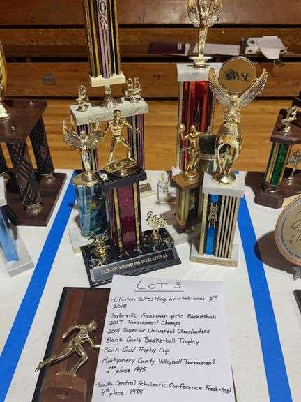 2018 3rd Place Clinton Wrestling Invitational, 2017 Championship Taylorville Freshman Girls Basketball Tournament, 2001 Superior Universal Cheerleaders, No Date Girls Basketball Trophy, No Date Blank Gold Cup, 1995 1st Place Montgomery County Volleyball Tournament, 1988 4th Place South Central Conference Freshman/Sophomore Scholastic Bowl