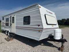 1998 Jayco  28’ Camper Trailer, Everything Works Per Consignor, Window Seals Recaulked,Good Tires, New Spare Tire, Eagle Model, Double Bed, (2) Single Bunk Beds, Above Average Condition For Its Age. Been Used By A Smoker.