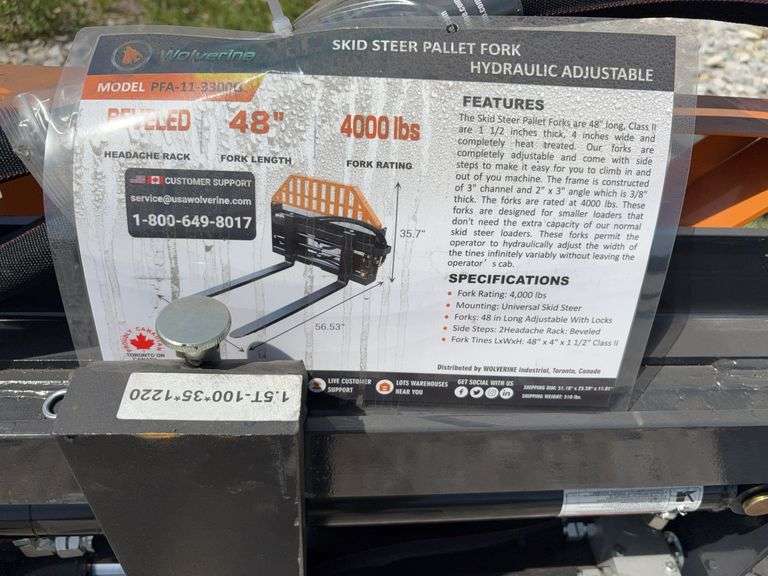 Unused Wuxi Landhonor Skid Steer Hydraulic Adjustable Pallet Fork, Model# PF-11-3300G, Fork rating: 4,000lbs, Forks: 48” long