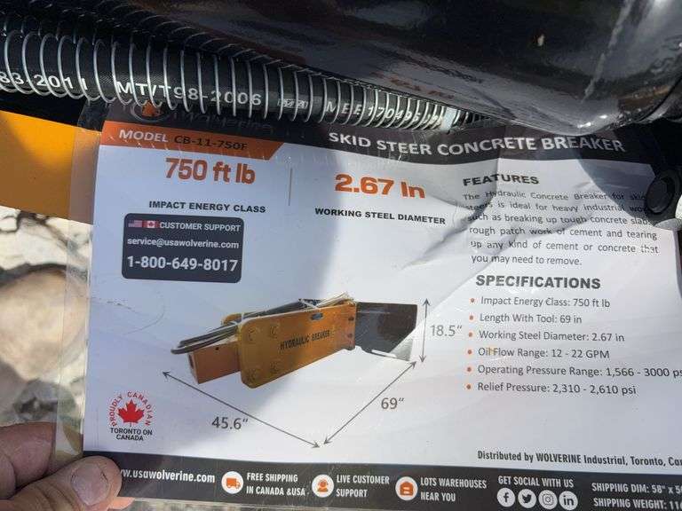 Unused Wuxi Wolverine Skid Steer Attach ZW-750 Hydraulic Breaker, Model # CB-11-750F, 2 breaker bits pointed, Nitrogen Tank, Toolbox, Standard Flow Hydraulics, 750 ft/lbs,