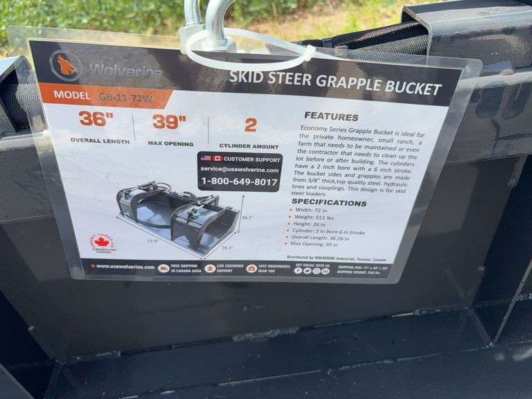 Unused Wuxi Wolverine Skid Steer Grapple Bucket, Model #GB-11-72W, Standard Flow Hydraulics, 39” Max Opening, Smooth Cutting Edge,