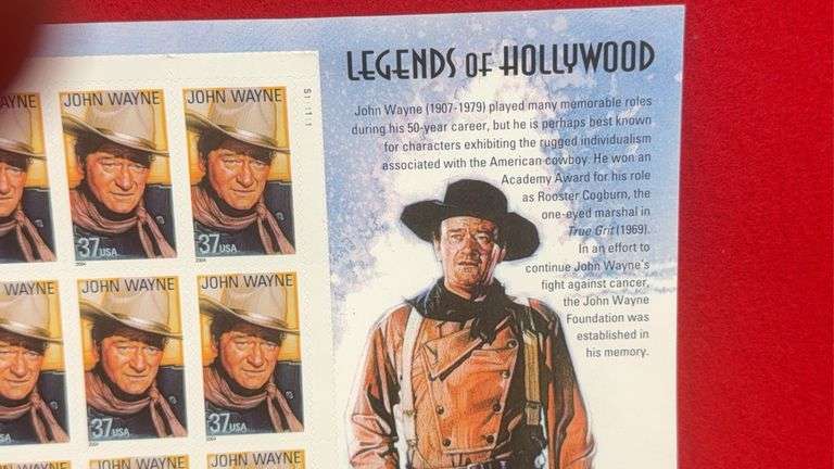 Sheet of "Legends of Hollywood" John Wayne 37 Cent Stamps