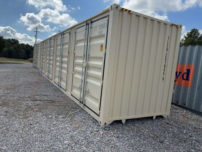 40’MMS 4 Side Doors and 1 Back Door Container, 40' long x 8' wide,
1 ea. Back Doors measures 102" tall X 92" wide,
4 ea. Side Doors  measures  98" tall X 92" wide,
inside dimension 89” wide,
Tie down anchors on inside of container,
Minor floor scratches on inside, minor wall scratches and dents, 
All doors have weatherstripping, 
1 time use,
Has vents on side walls, 
Container # YLEU 251045 4