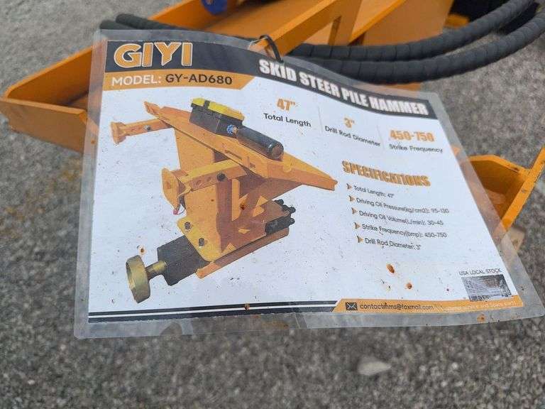 Unused MMS GIYI Skid Steer Pile Hammer, 47” Length, 3” Rod Diameter, Model # GY-AD680,