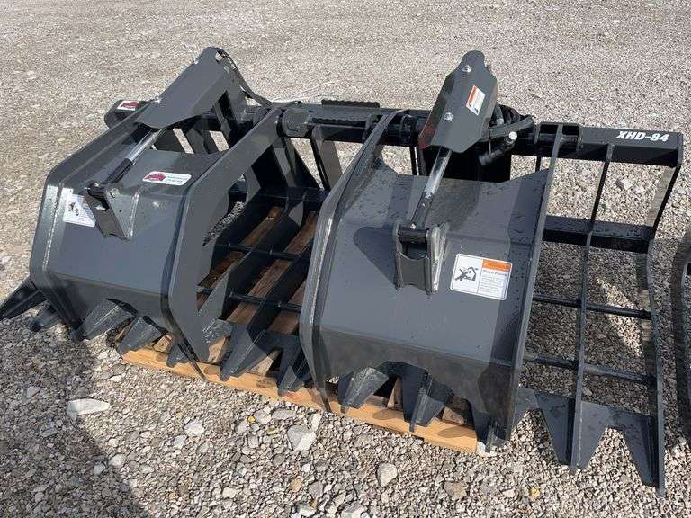 Unused Stout XHD-84 Skid Steer Log Loading Grapple Bucket, Two Cylinders, Protective Guards Over Cylinders, 84” Wide, AMERICAN MADE