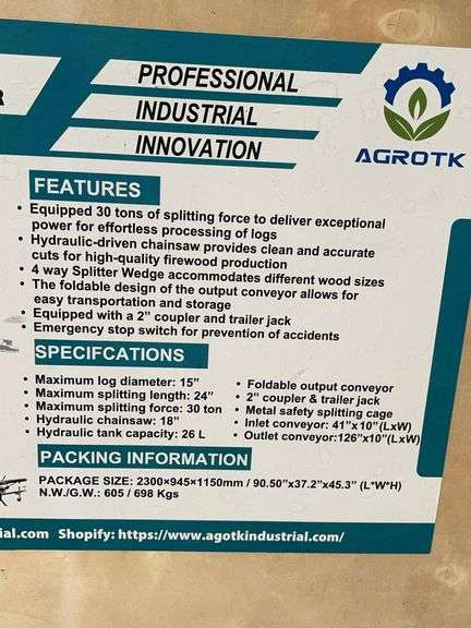 Unused AGT Firewood Log Splitter Processor With Conveyor, Model FP-30T