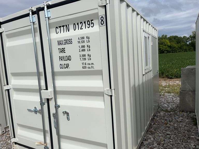 MMS 12’ container, measures 12’ long x 7’-3 1/2” wide x 8’-3” tall, swinging rear doors, Side walk door, sliding window, keyed lock on walk door, wood floor, container # CTTN 0121958, Window Does Not Lock, Small Paint Scrapes