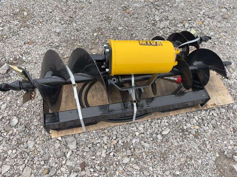 Unused MMS Miva Skid Steer Post Hole Digger, 8”, 12” and 16” Bits, Hole Depth 36”, Hex Shaft,