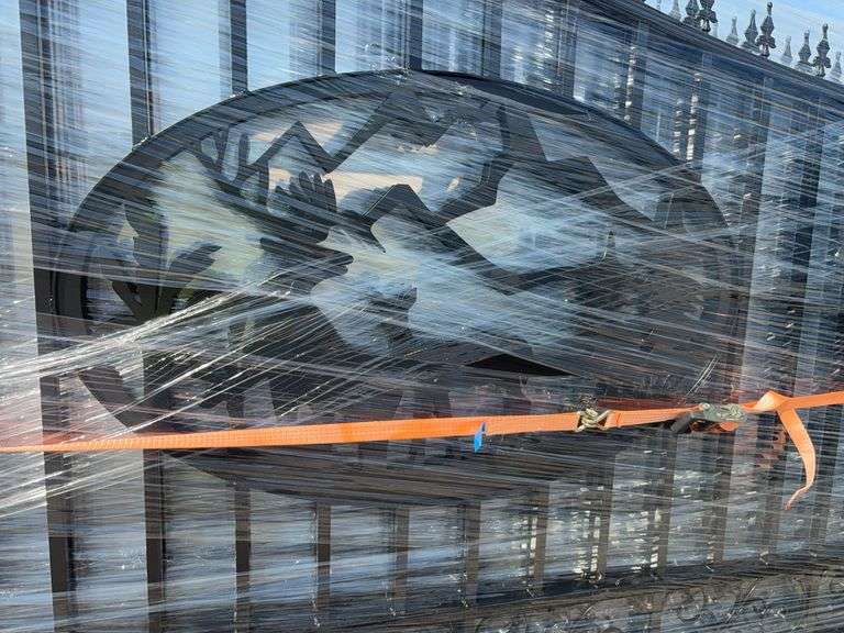 20’ Bi-Parting Wrought Iron Gate, Oval Elk emblem, (2) 10 ft gates
Total width of gate is 20',
Hinges are included,
Gate measures 7'-10" on the high side and 5'-10 1/2" on the low side,