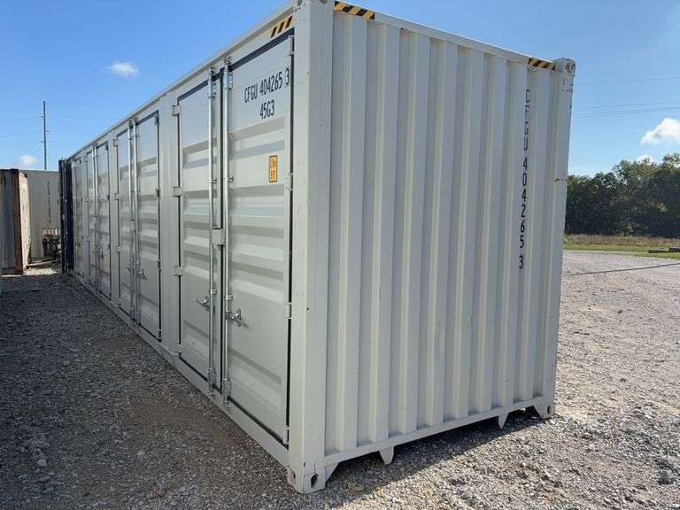 40’ AGT 4 Side Doors and 1 Back Door Container, 40' long x 8' wide,1 ea. Back Doors measures 102" tall X 92" wide,4 ea. Side Doors  measures  98" tall X 92" wide,inside dimension 89” wide,Tie down anchors on inside of container,Minor floor scratches on inside, minor wall scratches and dents, All doors have weatherstripping, 1 time use,Has vents on side walls, Container # CFGU 404265 3