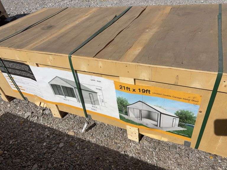 Unused Hanbase 21’ wide x19’ Long, Steel Carport, Color: Cream, (2) 100” wide X 88.6” high, (1) 34.6” wide x 78” tall walk door, Anchors included,