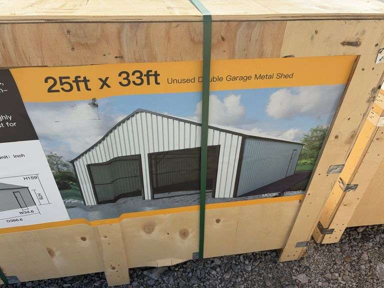 Unused Hanbase 25’ wide x 33’ Long, Steel Carport, Color: Cream, (2) 100” wide X 88.6” high, (1) 34.6” wide x 78” tall walk door, Anchors included,