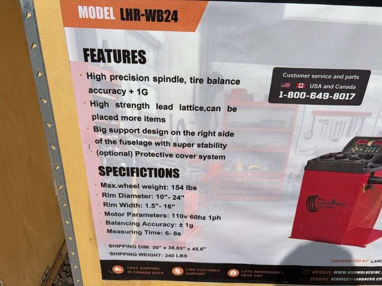 Wuxi LandHonor Unused Heavy Duty Wheel Balancer, Rim Diameter 10”-24”, Rim Width 1.5”-16”, Balancing Accuracy +-1g, Max Wheel Weight 154lbs, Model LHR-WB24