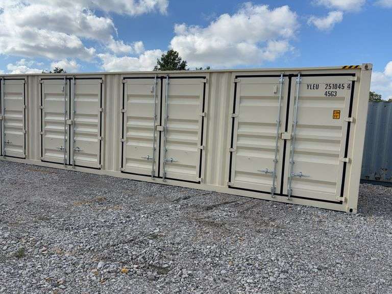 40’MMS 4 Side Doors and 1 Back Door Container, 40' long x 8' wide,
1 ea. Back Doors measures 102" tall X 92" wide,
4 ea. Side Doors  measures  98" tall X 92" wide,
inside dimension 89” wide,
Tie down anchors on inside of container,
Minor floor scratches on inside, minor wall scratches and dents, 
All doors have weatherstripping, 
1 time use,
Has vents on side walls, 
Container # YLEU 251045 4