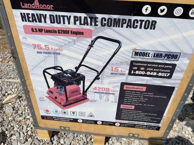 Unused Wuxi LandHonor Heavy Duty Plate Compactor, Vibratory compactor, Model LHR-PC90,
6.5 HP Gasoline Engine, 190 # Weight,