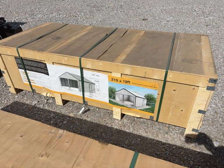 Unused Hanbase 21’ wide x19’ Long, Steel Carport, Color: Cream, (2) 100” wide X 88.6” high, (1) 34.6” wide x 78” tall walk door, Anchors included,