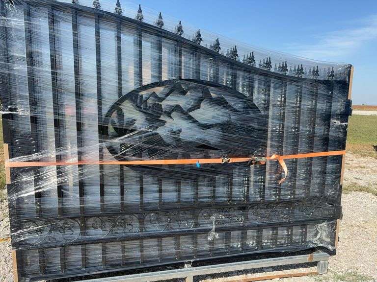 20’ Bi-Parting Wrought Iron Gate, Oval Elk emblem, (2) 10 ft gates
Total width of gate is 20',
Hinges are included,
Gate measures 7'-10" on the high side and 5'-10 1/2" on the low side,
