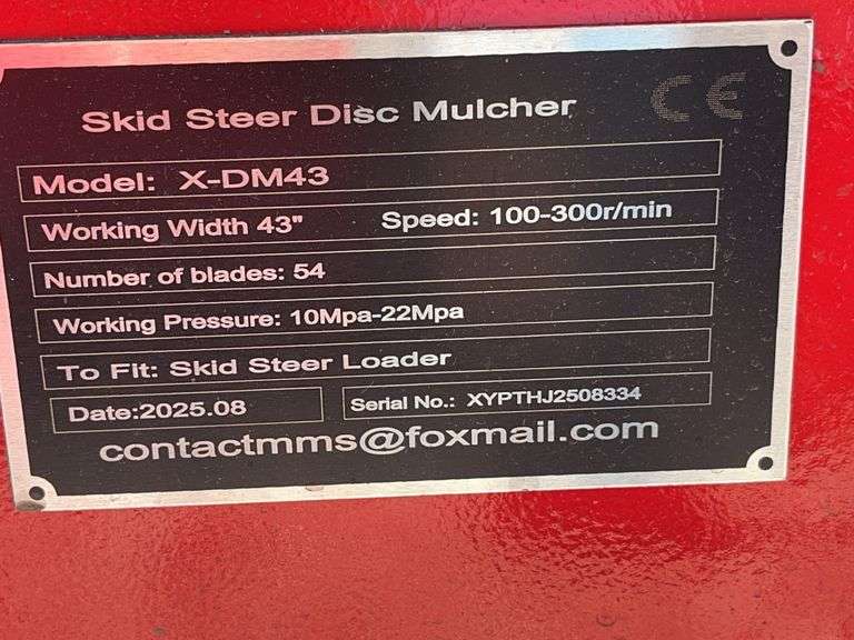 Unused GIYI 43” Skid Steer Disc Mulcher, Model X-DM43