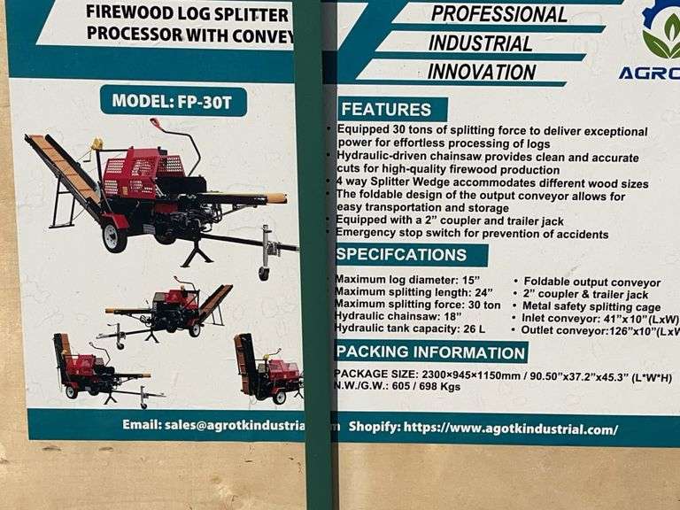 Unused AGT Firewood Log Splitter Processor With Conveyor, Model FP-30T