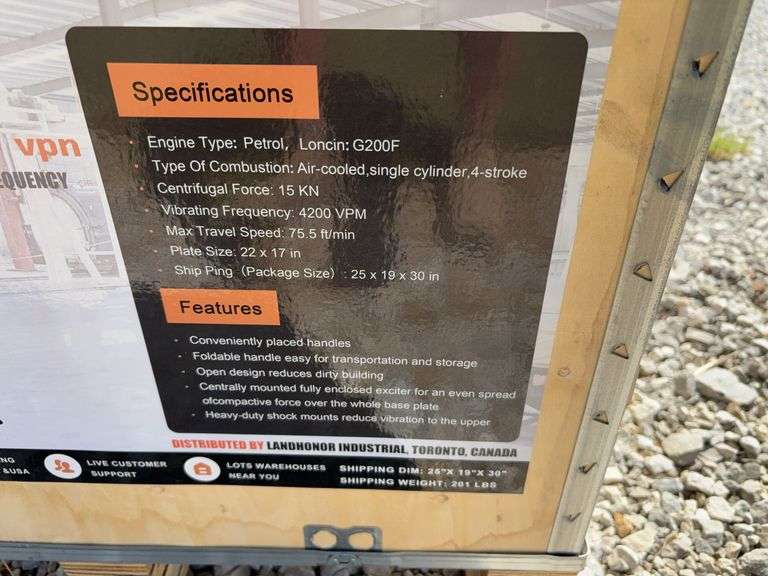 Unused Wuxi LandHonor Heavy Duty Plate Compactor, Vibratory compactor, Model LHR-PC90,
6.5 HP Gasoline Engine, 190 # Weight,