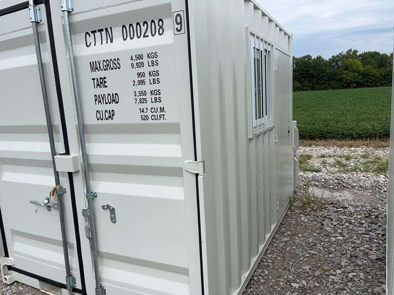 MMS 10’-3’’ container, measures 10’-1” long x 7’-3 1/2” wide x 8’-3” tall, swinging rear doors, Side walk door, sliding window, keyed lock on walk door, wood floor, container CTTN 0002089, Small Paint Scratches, Window Damage