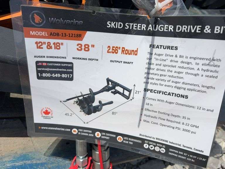 Unused Wuxi Wolverine Skid Steer Attach Auger Drive & Bit, Model # AGB-13-1218R, Hex Shaft, 38” working Depth, Standard Flow Hydraulics, 12” & 18” Bits