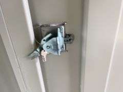 MMS 12’ container, measures 12’ long x 7’-3 1/2” wide x 8’-3” tall, swinging rear doors, Side walk door, sliding window, keyed lock on walk door, wood floor, container # CTTN 0121958, Window Does Not Lock, Small Paint Scrapes