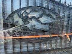 20’ Bi-Parting Wrought Iron Gate, Oval Elk emblem, (2) 10 ft gates
Total width of gate is 20',
Hinges are included,
Gate measures 7'-10" on the high side and 5'-10 1/2" on the low side,