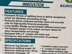 Unused AGT Firewood Log Splitter Processor With Conveyor, Model FP-30T