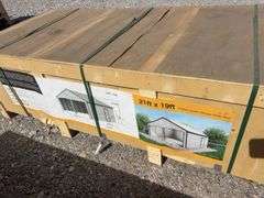 Unused Hanbase 21’ wide x19’ Long, Steel Carport, Color: Cream, (2) 100” wide X 88.6” high, (1) 34.6” wide x 78” tall walk door, Anchors included,