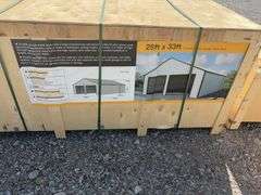 Unused Hanbase 25’ wide x 33’ Long, Steel Carport, Color: Cream, (2) 100” wide X 88.6” high, (1) 34.6” wide x 78” tall walk door, Anchors included,