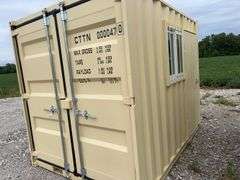 MMS 10’-3’’ container, measures 10’-1” long x 7’-3 1/2” wide x 8’-3” tall, swinging rear doors, Side walk door, sliding window, keyed lock on walk door, wood floor, container # CTTN 0000470, Damage to Window, Paint Scratch on Inside Back Wall