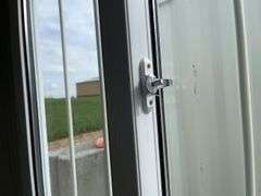 MMS 12’ container, measures 12’ long x 7’-3 1/2” wide x 8’-3” tall, swinging rear doors, Side walk door, sliding window, keyed lock on walk door, wood floor, container # CTTN 0121958, Window Does Not Lock, Small Paint Scrapes